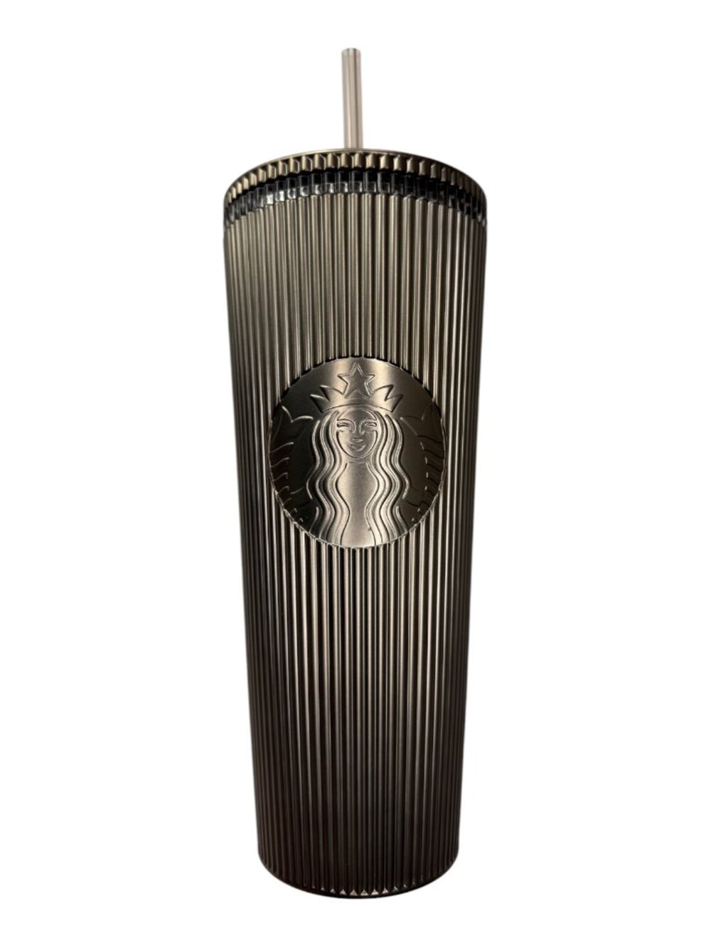 Starbucks Tumbler Silver Ribbed Texture Vertical Lines.  With Lid and Straw 24oz